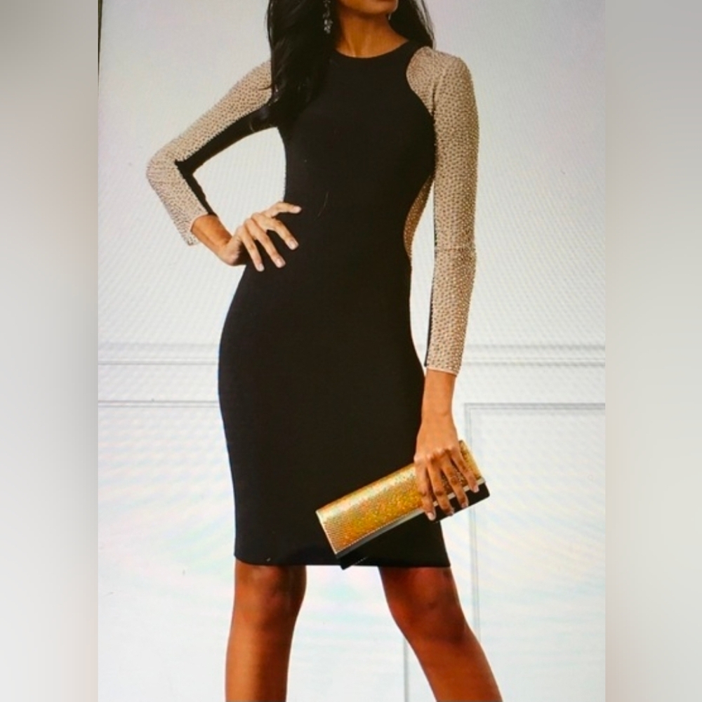 Xscape Black Sheath Dress with Gold Mesh Sleeves